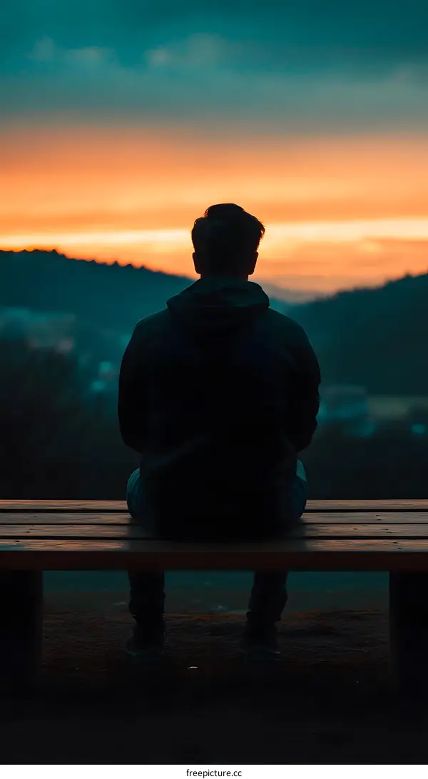 Silhouette of a Man Sitting on a Bench Watching the Sunset
