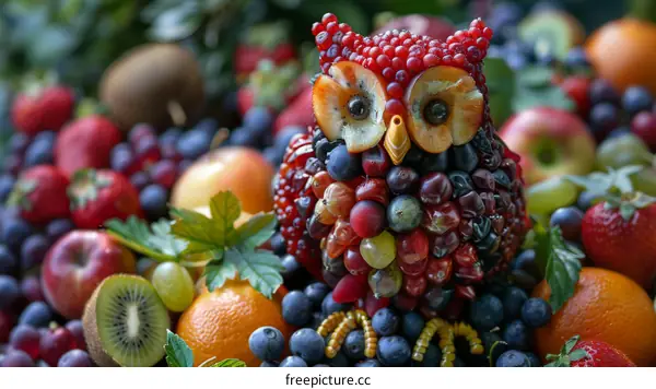 A Cute Owl Made of Fruits and Berries