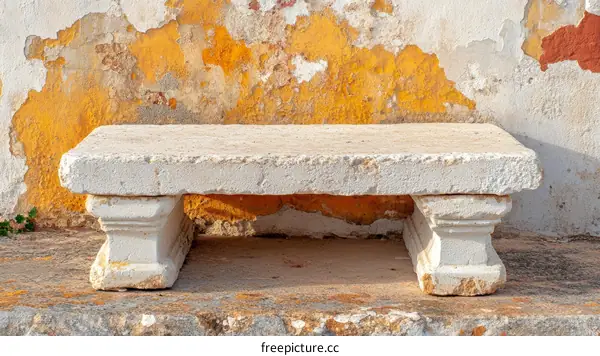 Antique White Stone Bench Against a Wall