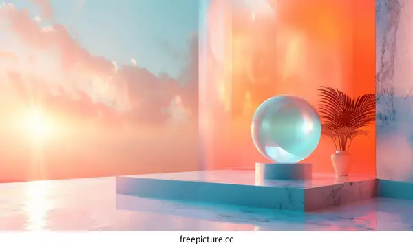 Abstract Sunset Scene with Glass Sphere