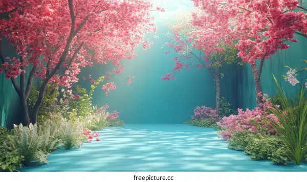 Spring Garden Pathway Illustration with Pink Cherry Blossoms