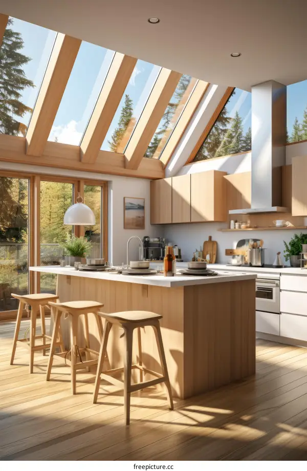 kitchen island with wood and white cabinets