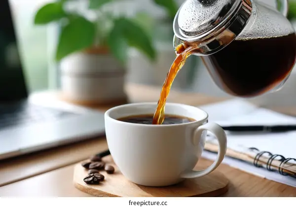 Pouring Coffee into a White Cup on a Wooden Table