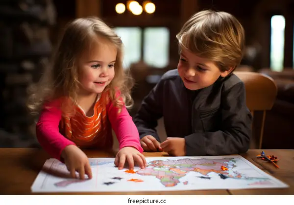 Two young children are looking at a world map together