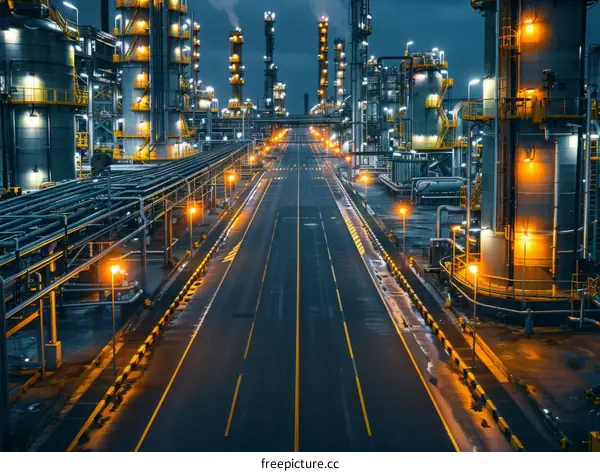 An aerial view of an oil refinery at night