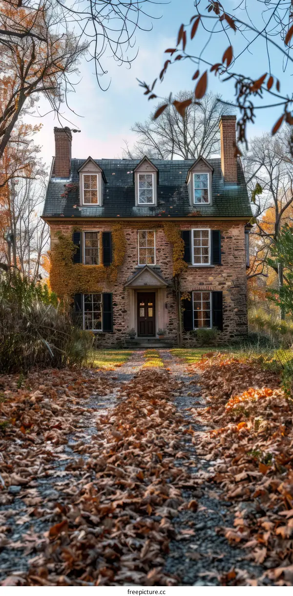 Brick House Surrounded by Autumn Leaves