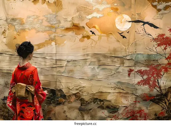 A woman in a red kimono standing in front of a Japanese screen
