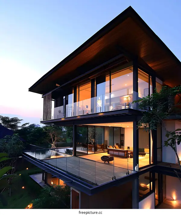 Modern Glass and Wood House with a Balcony