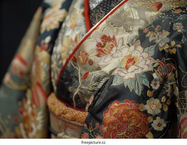 A close-up of a kimono with intricate floral embroidery