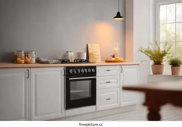 Modern White Kitchen with Black Appliances