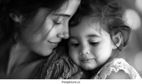 Black and white portrait of a mother and her child
