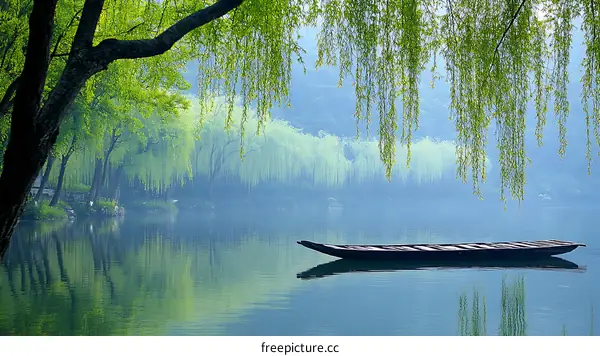 Peaceful Lake Scene with Willow Trees and Boat