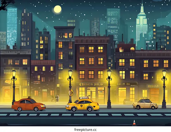 Night Cityscape With Cars, Streetlights, Buildings, And Moon