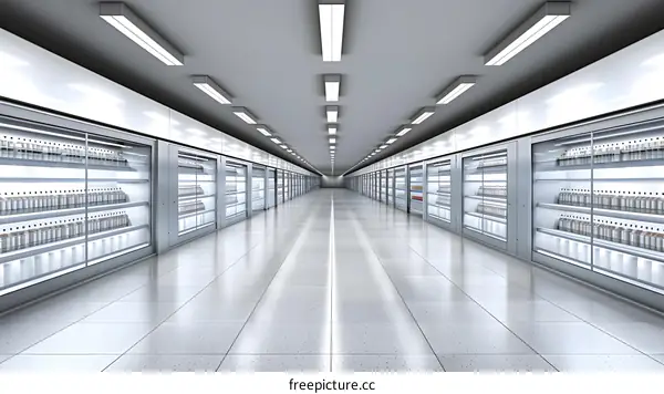 Empty Grocery Store Aisle with Refrigerated Shelving