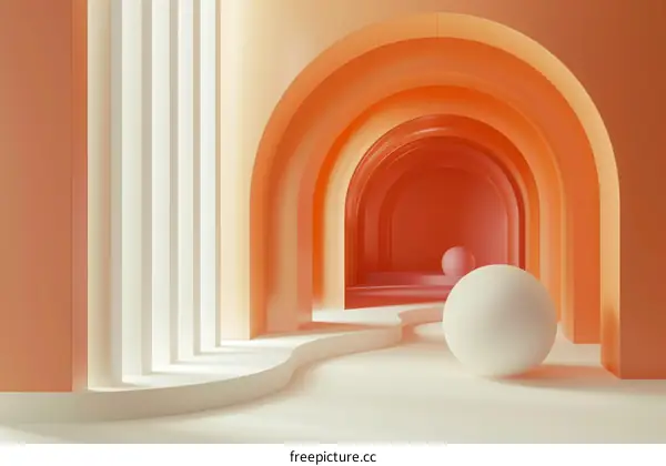 3D rendering of an arched hallway with a pink sphere
