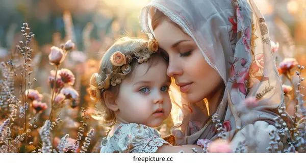 Mother and child in a field of flowers