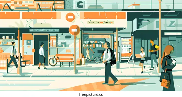 People Walking on a City Street Illustration