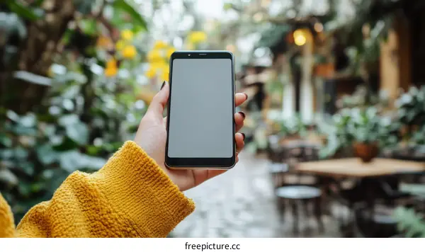 Woman Holding a Smartphone in a Cafe Setting