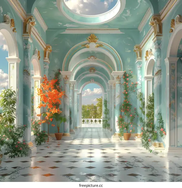 Opulent Empty Hallway with Plants