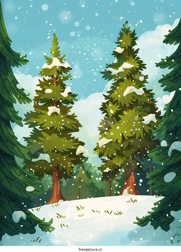 Snowy Winter Forest Illustration with Tall Pine Trees