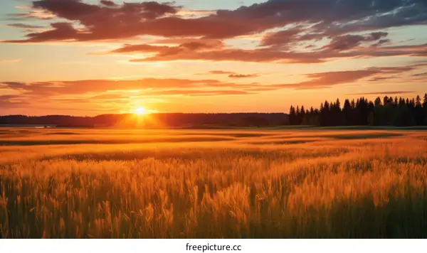Landscape of a wheat field with a sunset in the background
