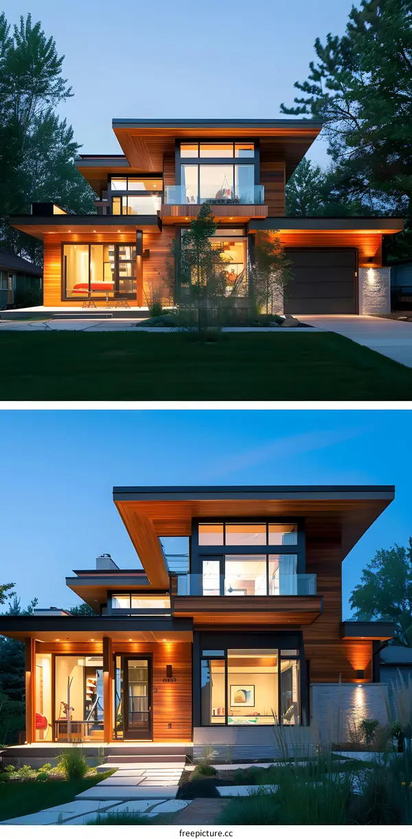 Modern Wooden House with Large Windows and Patio