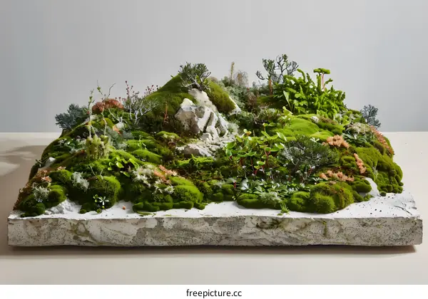 Miniature Landscape with Green Moss and Small Plants