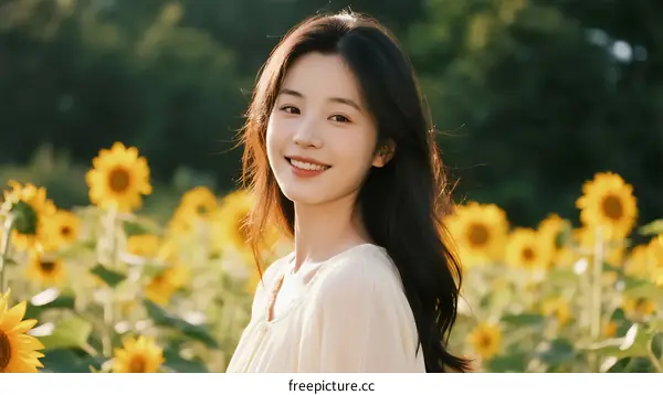 Young Woman Standing Amidst Vibrant Sunflowers in Nature