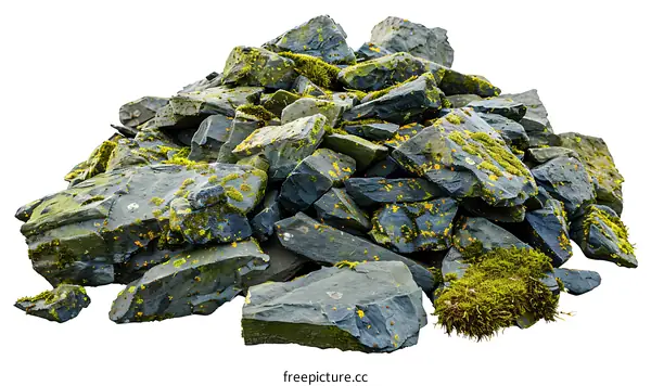 Pile of Moss Covered Rocks Isolated on White Background
