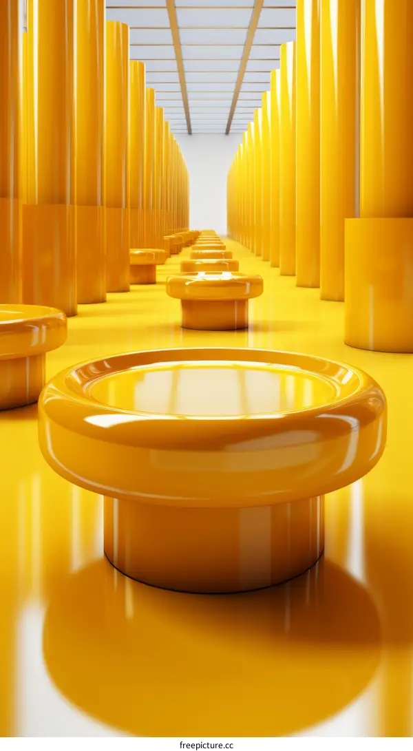 Yellow minimalist podium with yellow glossy columns in the background