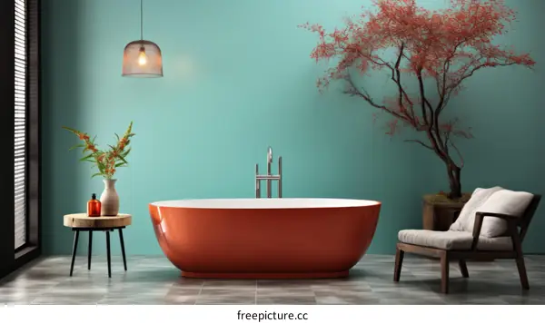 A stylish bathroom with a red bathtub, a bonsai tree, and a gray floor