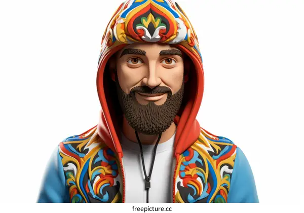 3D rendering of a man wearing a colorful hoodie