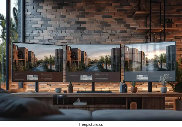 Three monitors displaying the same image of a modern apartment building