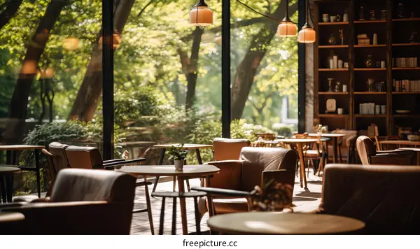 The interior of a modern cafe with large windows and wooden furniture