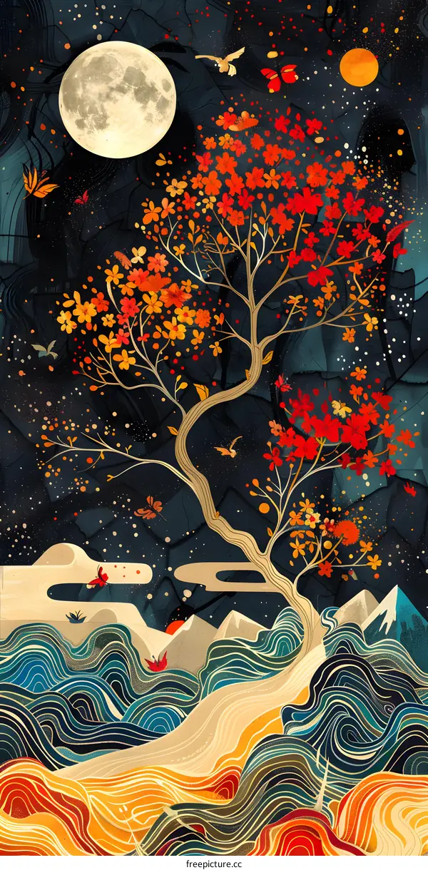A digital painting of a tree with red and orange leaves against a dark blue background. The tree is surrounded by butterflies and the moon.