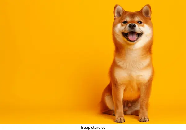 Studio shot of a happy Shiba Inu dog sitting on yellow background