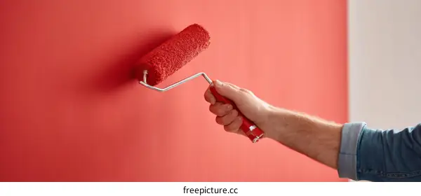Painting a Wall with Red Paint Roller