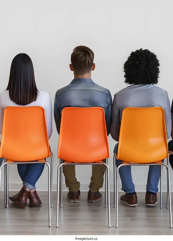 Four People Sitting on Orange Chairs Facing a White Wall