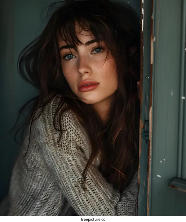 Portrait of a Woman with Brown Hair and Blue Eyes Looking Through a Doorway