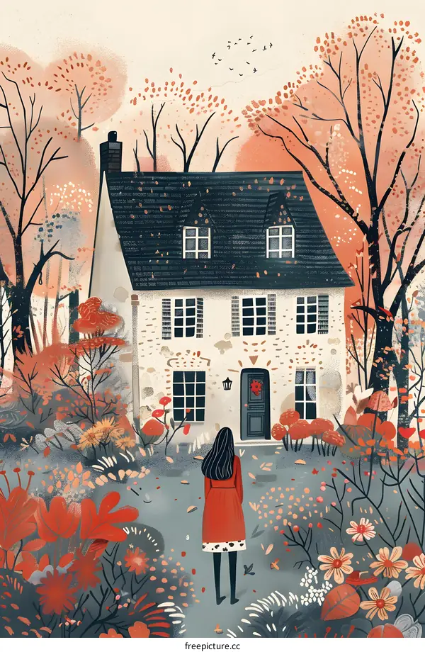 girl in red dress walking towards a house in autumn