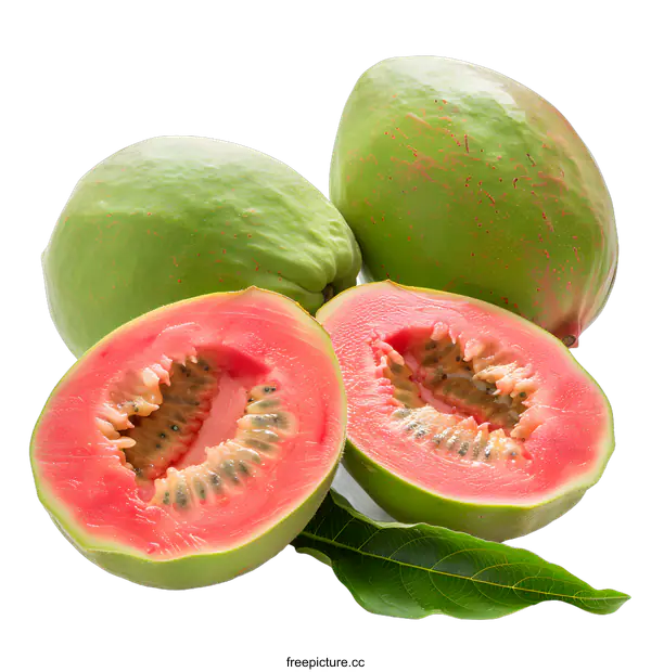 [Transparent Background PNG]Fresh ripe pink guavas fruits with leaves