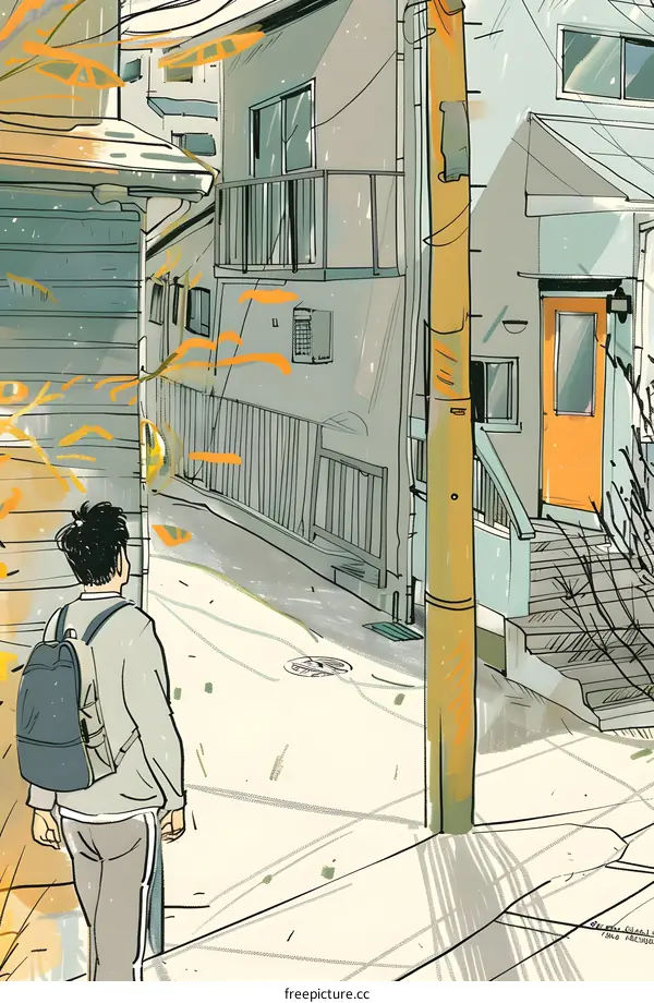 Man Walking Down a Narrow Street in Japan