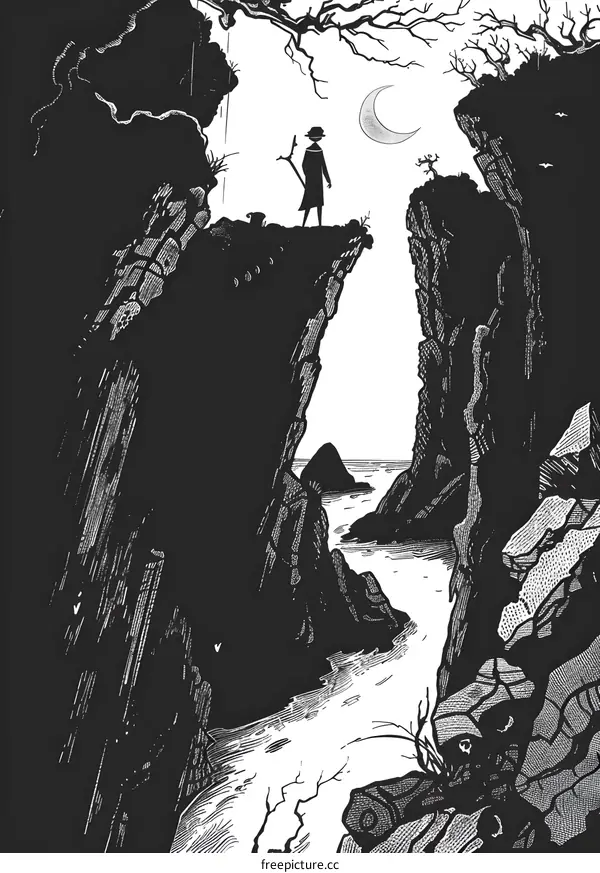 Silhouette of a Person Standing on a Cliff