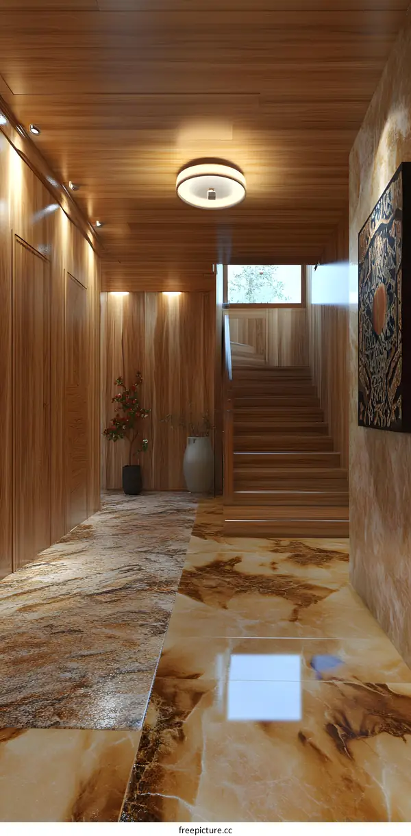 Modern Staircase Interior Design with Wooden Walls and Marble Floor