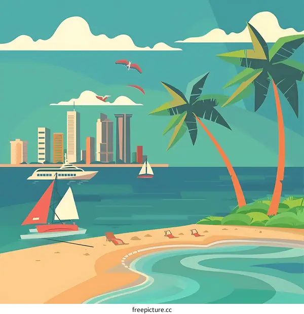Tropical Beach with Palm Trees and City Skyline