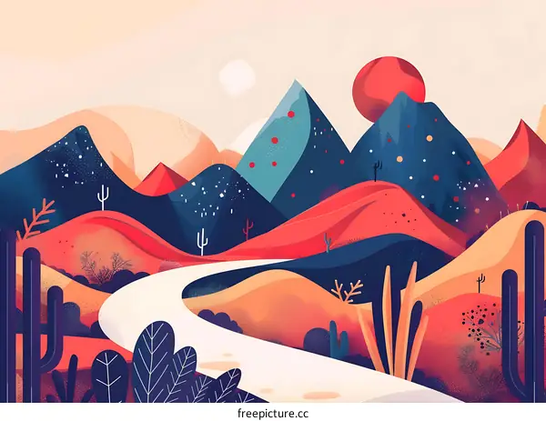 Abstract Mountain Landscape Illustration With Road and Cactus