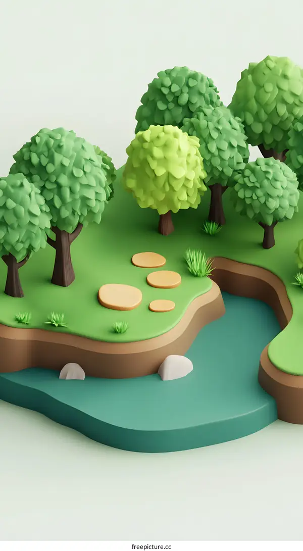 3D Cartoon Illustration of a Lush Green Forest Landscape with a River