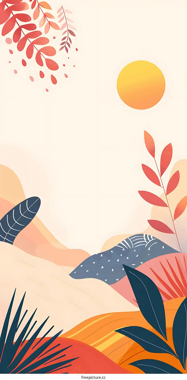 Abstract Summer Nature Illustration with Yellow Sun and Green Leaves