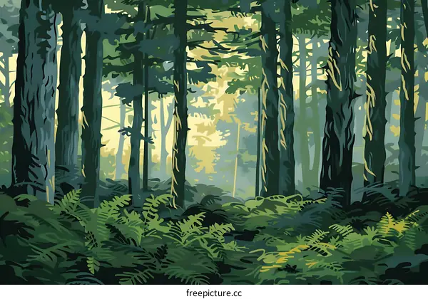 Green Forest Landscape with Tall Trees and Ferns