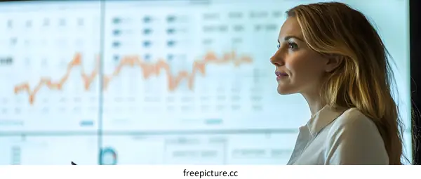 Caucasian Businesswoman Looking At Financial Data On A Screen